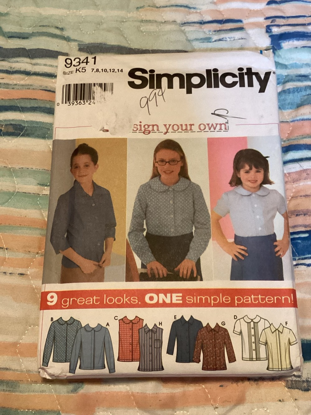 Child’s/Girls Blouse Sewing Pattern 9341 Uncut Sz K5 (7-14) Blouse Shirt